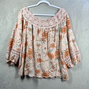 EST. 1946 Floral Blouse Womens 22/24W Pink Crochet Lace Boho Peasant Top